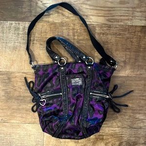 Purple and black poppy daisy ocelot shoulder purse with matching hand wallet